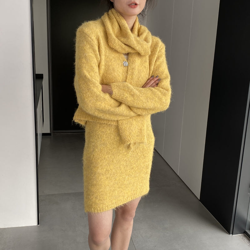 Women Knitted Two-Piece Set Cardigan Skirt Scarf Three-Piece Set Button Knitted Sweater Casual Suit 1t8852