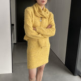 Women Knitted Two-Piece Set Cardigan Skirt Scarf Three-Piece Set Button Knitted Sweater Casual Suit 1t8852