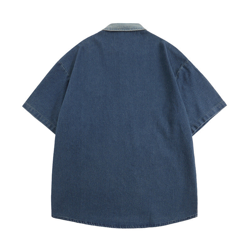 Men T Shirt Summer Embroidered Denim Lapel Polo Shirt
