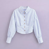 Women Tops Summer Stripes Cropped Shirt Lapel Single Breasted Cropped Top