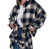 Women Trench Coat Winter Plaid Long Sleeve Shirt Loose Casual Jacket