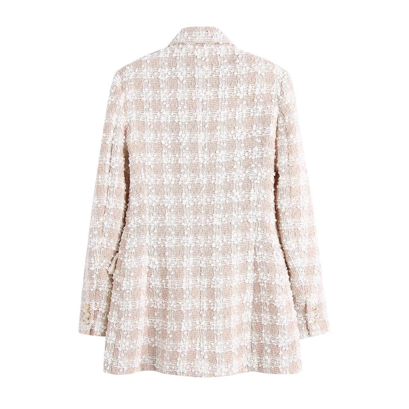 Women Suits Pink Texture Plaid Suit Autumn Double Breasted Mid-Length Casual Suit Jacket