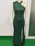 Women's Sexy Halter Vintage Green Sequins Dress