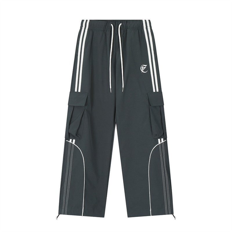Men Sweatpants Sports Cargo Tactical Pants Men's Striped Stitching Straight-Leg Wide-Leg Pants