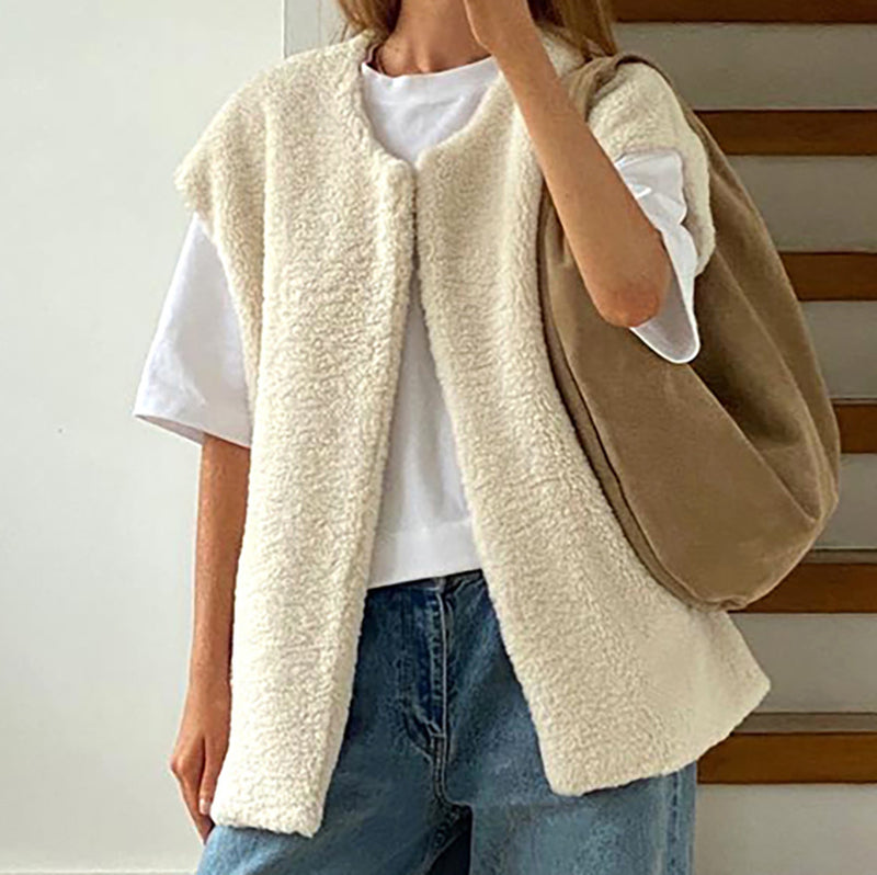 Women Trench Coat Winter Lambskin Vest Coat Loose Casual