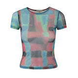 Women Tops Summer Mesh Printed T-shirt Slim-Fit Crop-Top