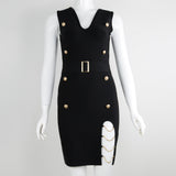 Women Evening Dress Sexy V-neck Metal Button Hollow out Fork Dress Bandage Dress