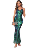 Women Evening Gown Sexy V-neck Vintage Party Sequins Dress