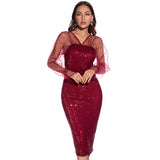 Women's Evening Gown Sexy Retro Mesh Long Sleeve Stitching Sequins Dress