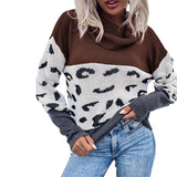 Women Knitted Sweater Autumn and Winter Leisure Leopard Print Contrast Color Long Sleeve Pullover
