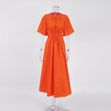 Women Dress Casual Hollow round Neck Puff Sleeve Dress