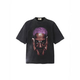 Mens T-shirts Rodman Star BIG FACE Printed Vintage Washed Old Short Sleeves
