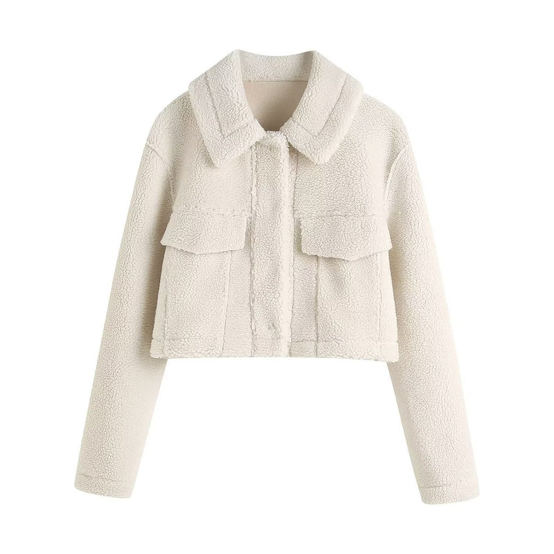 Women Jacket Fall and Winter Lapels Long Sleeve Fleece Loose Short Jacket Coat