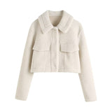 Women Jacket Fall and Winter Lapels Long Sleeve Fleece Loose Short Jacket Coat