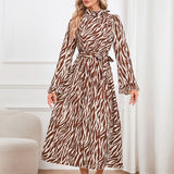 Women Date Dress Long Sleeve Dress Autumn and Winter Stand Collar Leopard Print Printed Dress Long Dress