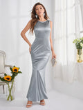 Women Evening Gown Sexy Retro Sleeveless Satin Dress