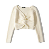 Women Sweater Knitwear Midriff-Baring Top V-neck Cross Kinked Long Sleeve Knitted Sweater