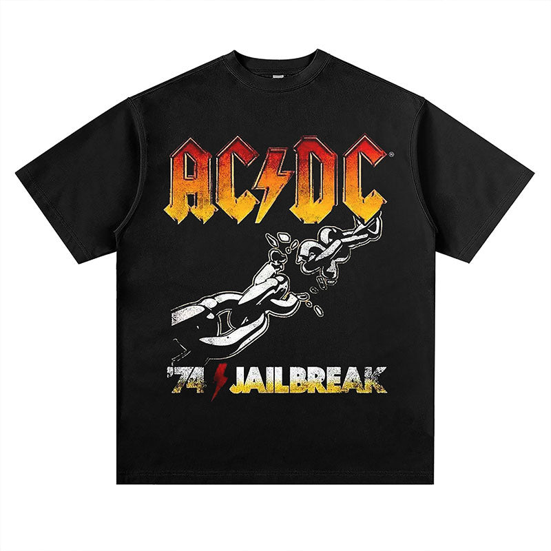 Men Vintage Rock Band T-Shirt Collarless Ordinary Casual Loose Cartoon Short Sleeve
