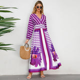 Women Date Dress V-neck Striped Print Dress