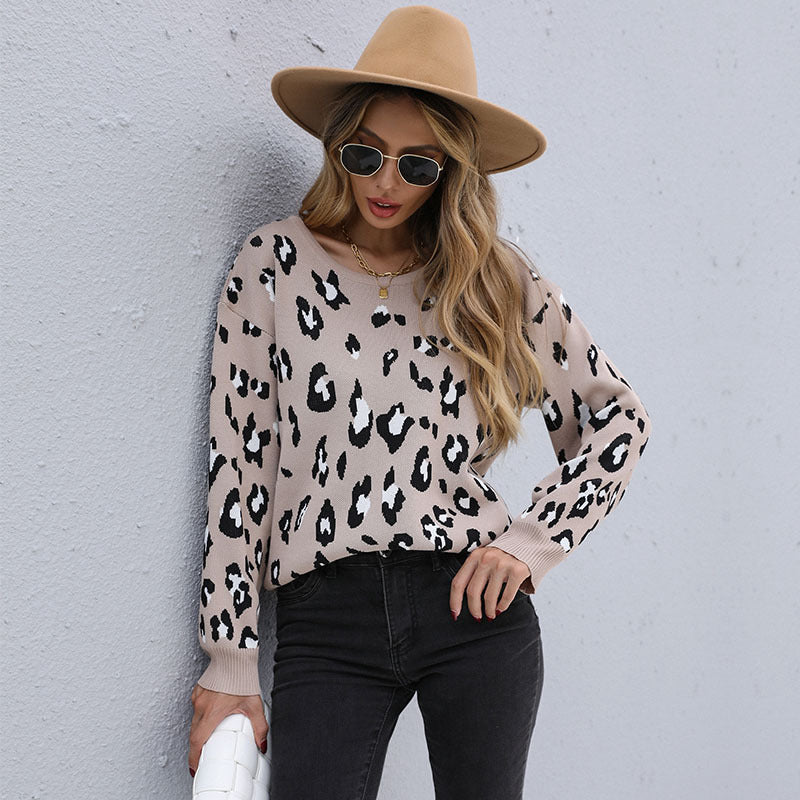 Women Knitted Sweater Autumn and Winter Leisure Women's Loose Leopard Print Long Sleeve Sweater