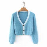 Women Sweater Knitwear Spring and Autumn V-neck Short Sleeve Slim Fit Single-Breasted Sweater
