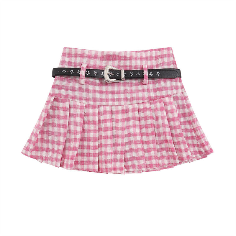 Women Skirt Plaid Pleated Skirt with XINGX Belt Waist Casual Skirt Skirt