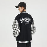 Unisex Jacket Checkerboard PU Leather Baseball Uniform Embroidered Baseball Jacket Jacket