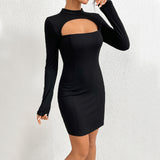 Women Dress Fall/Winter Slim Hip Knitwear Long Sleeve Mini Skirt Sexy Cutout Dress