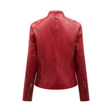 Red Leather Jacket Casual Leather Clothing Women's Stand Collar Zipper Slim Fit Motorcycle Clothing