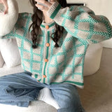 Women Knitted Cardigan Plaid Sweater Women's Loose Sweater Cardigan Coat