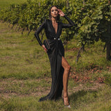 Women Dresses Sexy V-neck Long Sleeve Split Dress