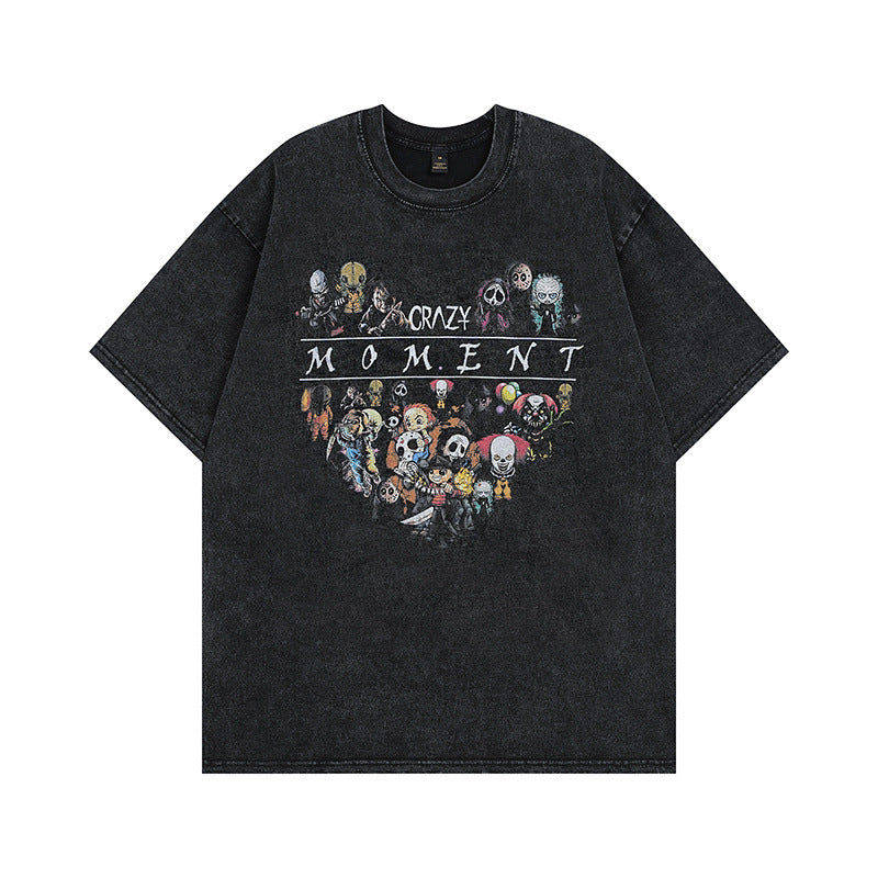 Men T Shirt Cartoon Printed Distressed Short-Sleeved T-shirt Oversize