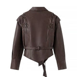Women Tops Spring Retro Coffee Color Brown Leather Coat V-neck Lace-up Top