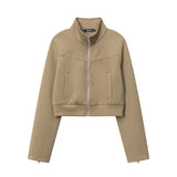 Women Jacket Decorative Rivets Zip Short Jacket Stand-up Collar Cardigan Coat