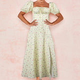 Robe Bridgerton Summer Square Collar Puff Sleeve Long Floral Dress