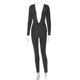 Women Jumpsuit Summer Shiny V-neck Long Sleeve Sexy Backless Jumpsuit