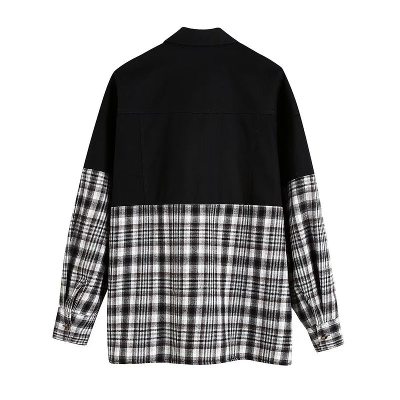 Women Jacket Autumn and Winter Check Contrast Color Loose Single-Breasted Mid-Length Coat
