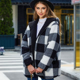 Women Trench Coat Autumn and Winter Loose Thermal Plaid Buckle-Free Cardigan Hooded Double-Sided Plush Coat