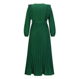 Women Date Dress Autumn and Winter V-neck Long Sleeve Pleated Dress
