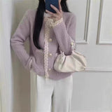 Women Knitted Cardigan Spring Lace Trim Knitted Cardigan Outerwear Top