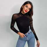 Women Jumpsuit Autumn High round Neck Mesh Long Sleeve Slim Fit Jumpsuit