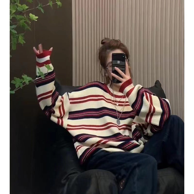 Women Knitted Pullover round Neck Contrast Color Striped Sweater Autumn Winter Sweater Top