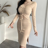 Women Dresses V-neck Pleated Drawstring Cropped Hip Skirt Long Sleeve Dress
