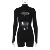 Women Jumpsuit Spring Sexy Hollow out Zipped round Neck Long Sleeve Jumpsuit