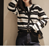 Women Knitted Cardigan Black and White Stripes Loose Knitted Cardigan