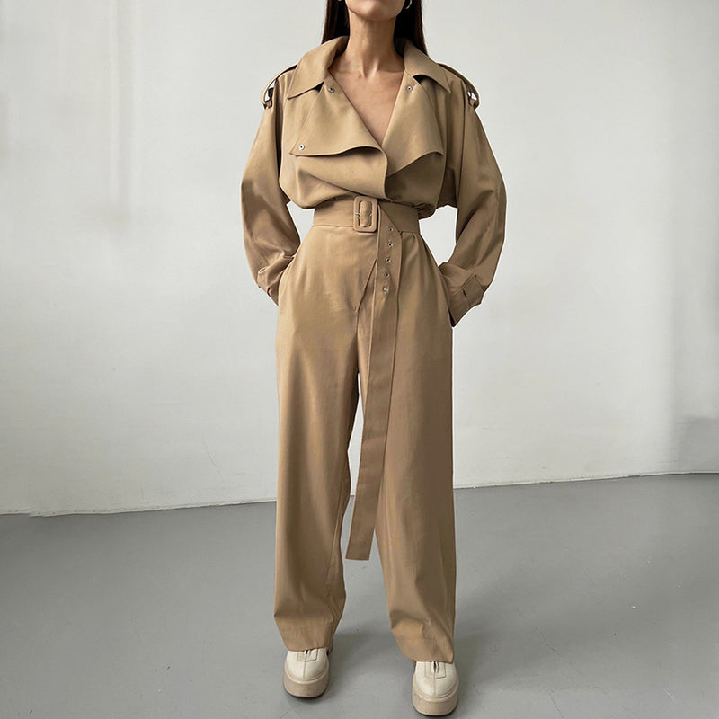 Women Trench Coat Spring/Summer Jumpsuit Waist-Tight Casual Long Sleeve Pants
