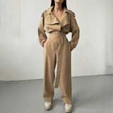 Women Trench Coat Spring/Summer Jumpsuit Waist-Tight Casual Long Sleeve Pants