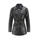 Women Leather Jacket Spring and Autumn Single-Breasted Imitation Leather Lapel Long Sleeve Jacket