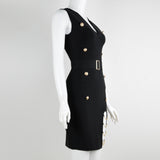 Women Evening Dress Sexy V-neck Metal Button Hollow out Fork Dress Bandage Dress