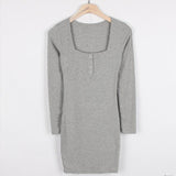 Women Dresses Button Open Collar Long Sleeve Hip Skirt Square Collar Dress Short Skirt